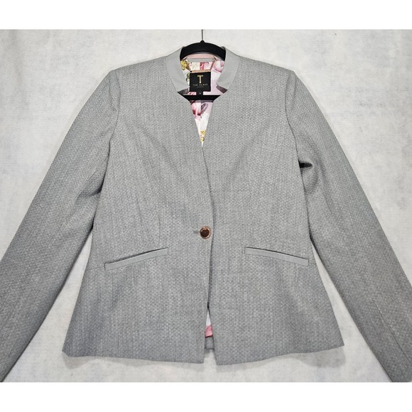 Ted Baker Blazer Sz 3 / US 8 Daizi Textured Tailored Gray Stretch Pockets - Picture 5 of 14